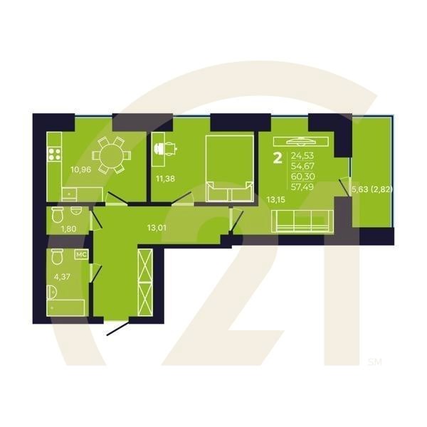 2-комн, 57.1 м², 5 этаж