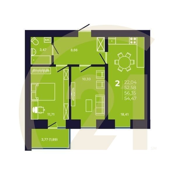 2-комн, 54.5 м², 12 этаж