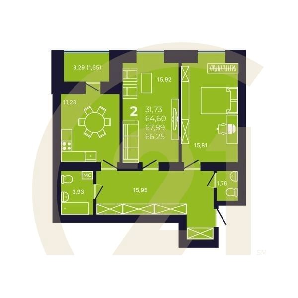 2-комн, 66.6 м², 2-7 этаж
