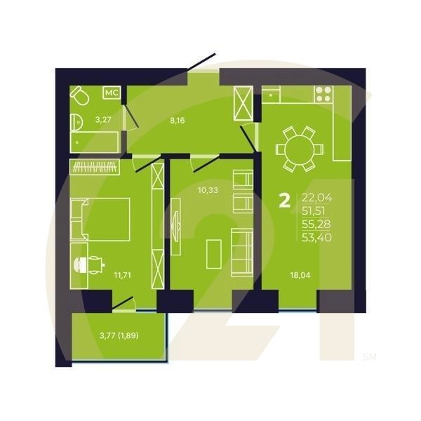 2-комн, 53.7 м², 2 этаж