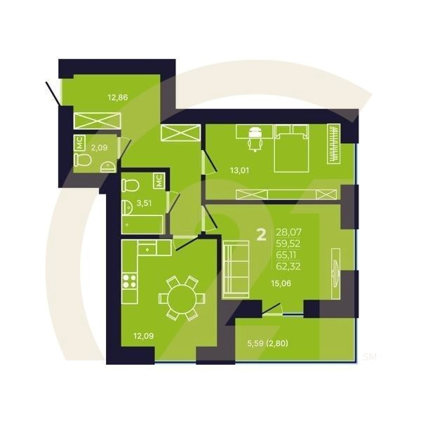 2-комн, 62.32 м², 2-12 этаж
