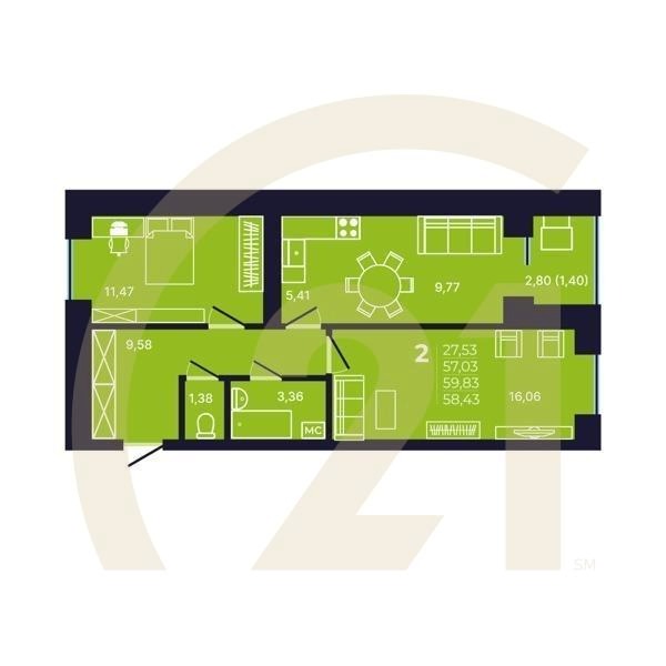 2-комн, 58.43 м², 2-10 этаж