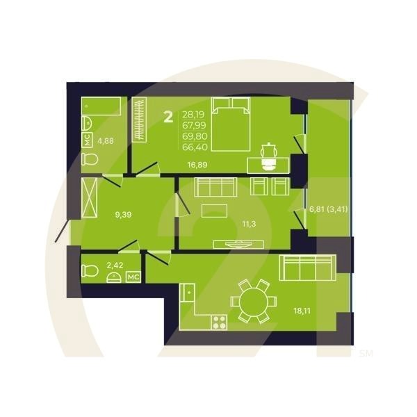 2-комн, 66.4 м², 2-12 этаж
