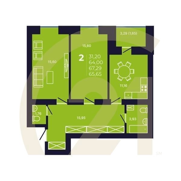 2-комн, 65.65 м², 2-12 этаж