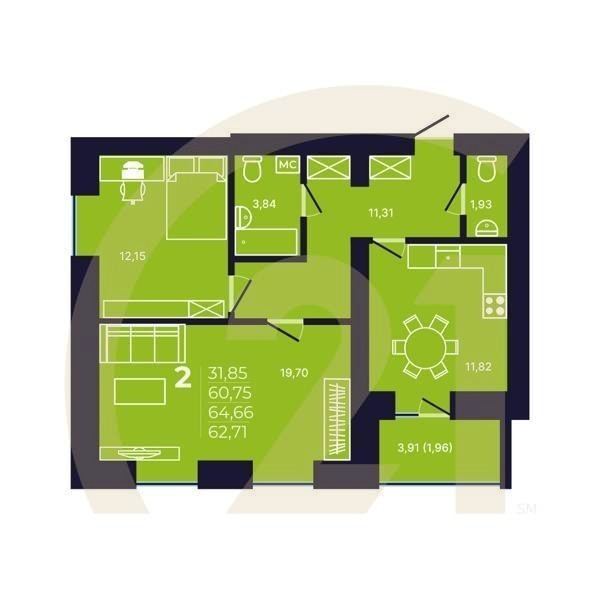 2-комн, 62.71 м², 2-12 этаж