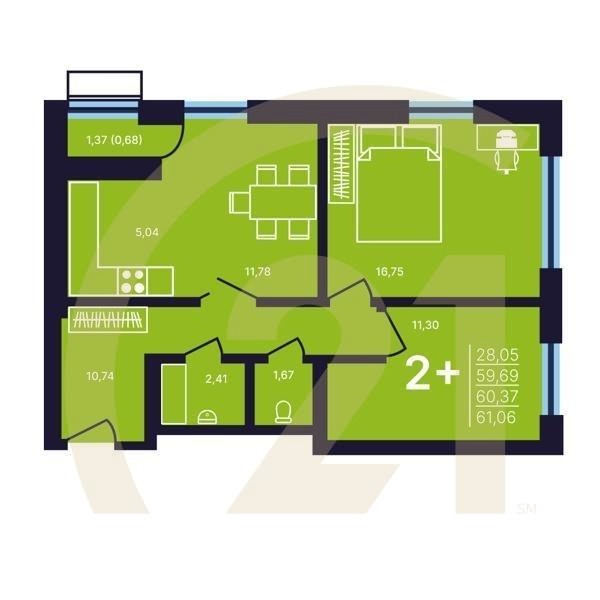 2-комн, 60.37 м², 2-25 этаж