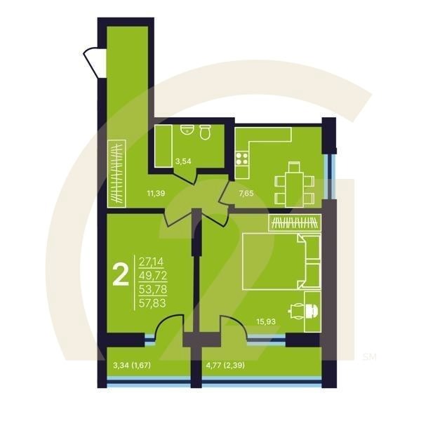 2-комн, 53.78 м², 1-25 этаж