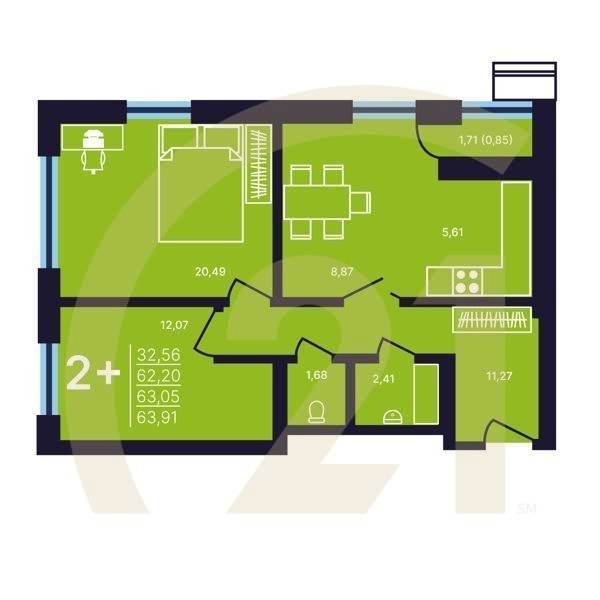 2-комн, 63.05 м², 2-25 этаж