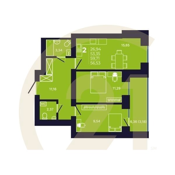 2-комн, 56.8 м², 5-8 этаж