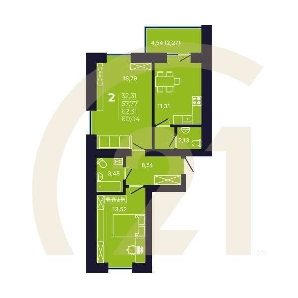 2-комн, 60.04 м², 2-12 этаж