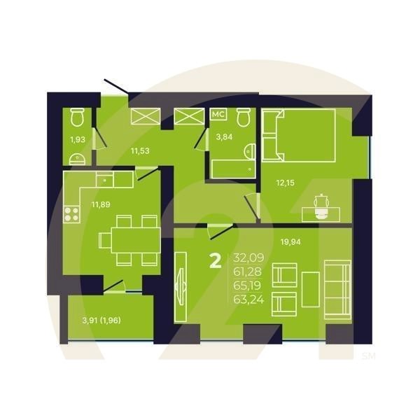 2-комн, 63.3 м², 2 этаж