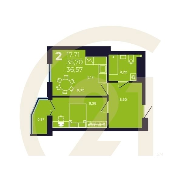 2-комн, 36.57 м², 24-25 этаж