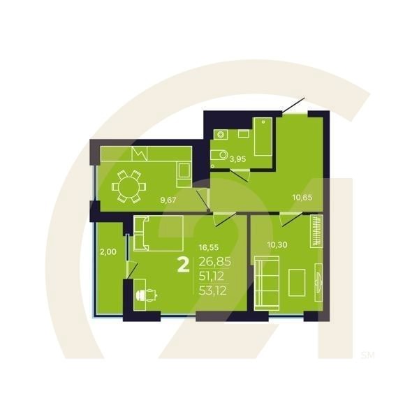 2-комн, 53.12 м², 16-25 этаж