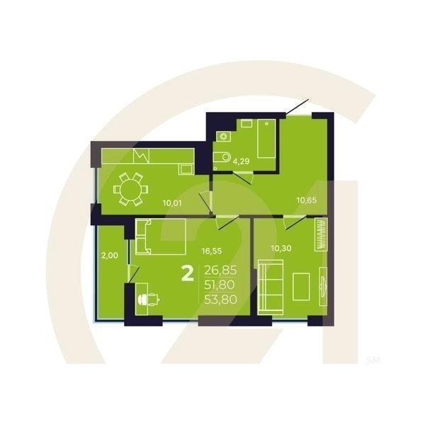 2-комн, 53.8 м², 5-14 этаж