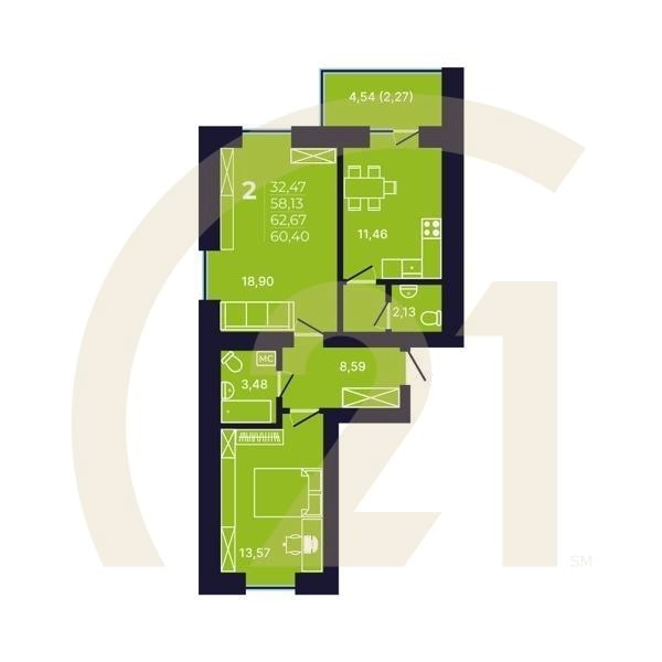 2-комн, 60.9 м², 2 этаж