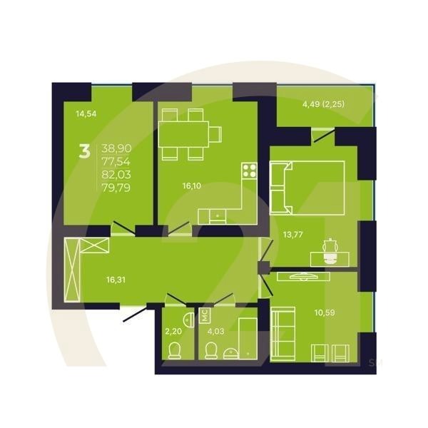 3-комн, 79.9 м², 2 этаж