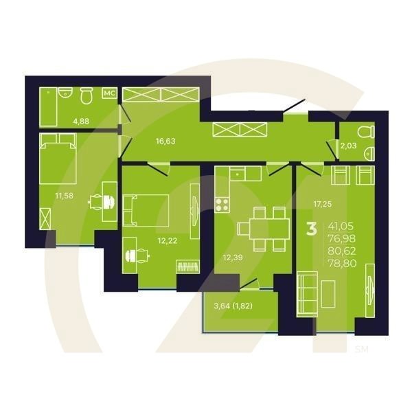 3-комн, 79.5 м², 11-12 этаж