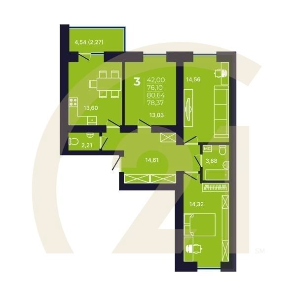 3-комн, 78.37 м², 2-12 этаж
