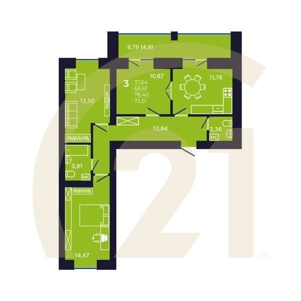 3-комн, 73.51 м², 2-6 этаж