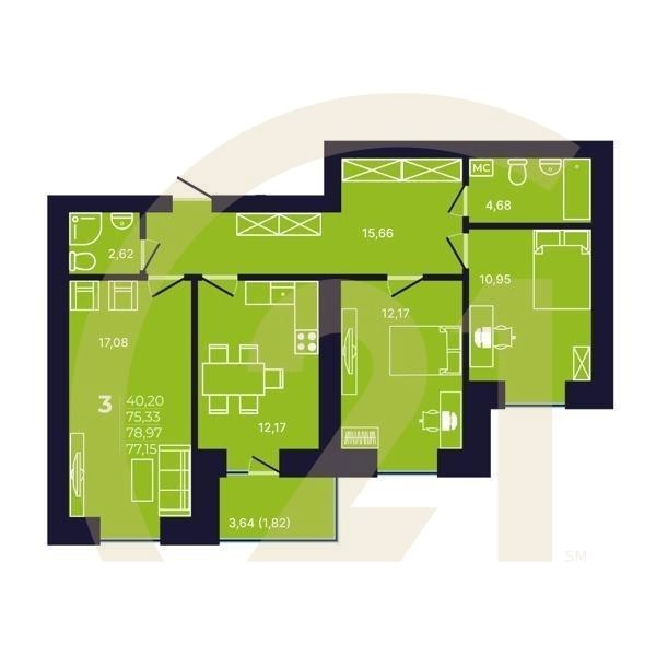 3-комн, 77.15 м², 2-8 этаж