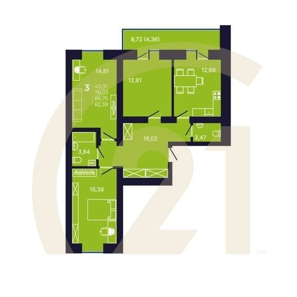 3-комн, 81.8 м², 8 этаж