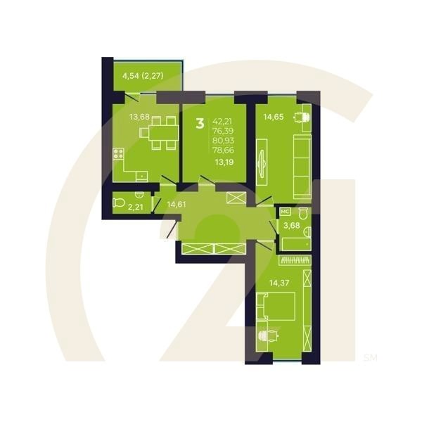 3-комн, 78.5 м², 12 этаж