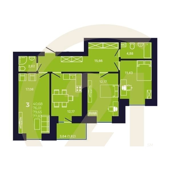 3-комн, 77.83 м², 9-12 этаж
