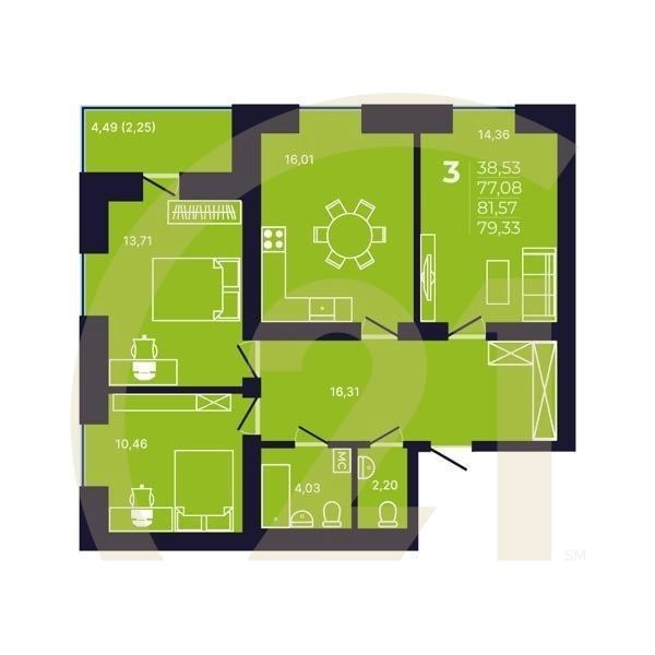 3-комн, 79.33 м², 2-12 этаж