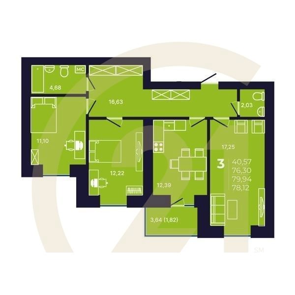 3-комн, 78.4 м², 2 этаж