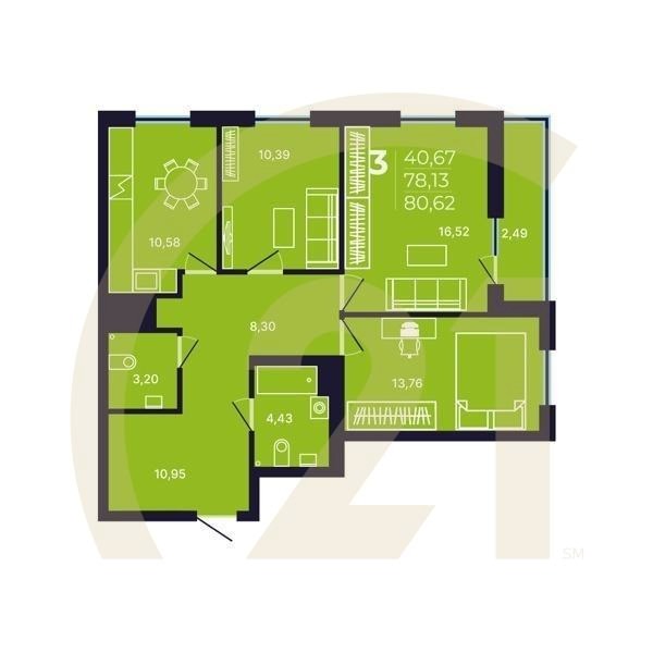 3-комн, 80.62 м², 3-13 этаж