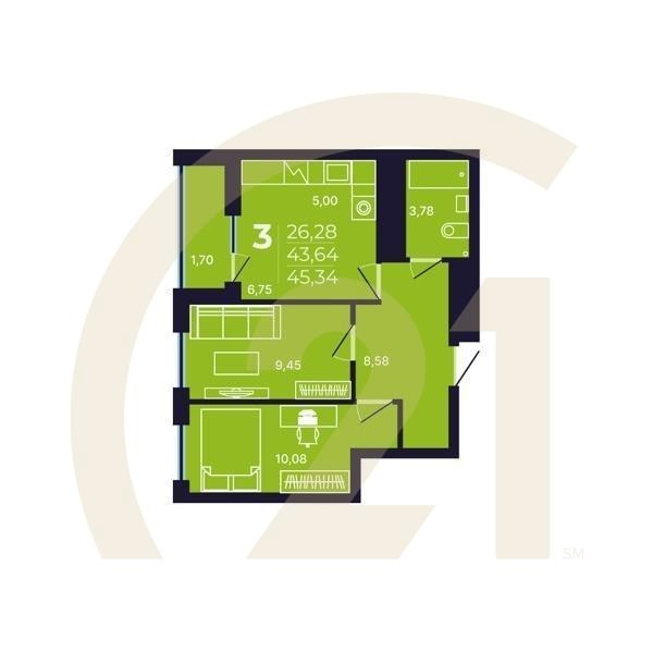 3-комн, 45.34 м², 18-25 этаж