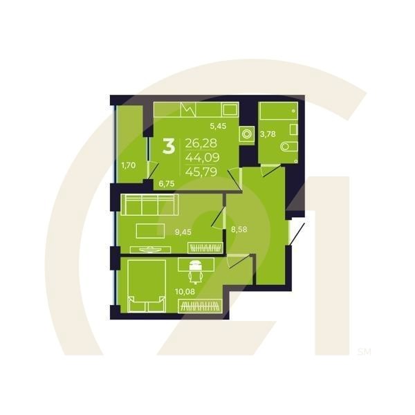 3-комн, 45.79 м², 14 этаж