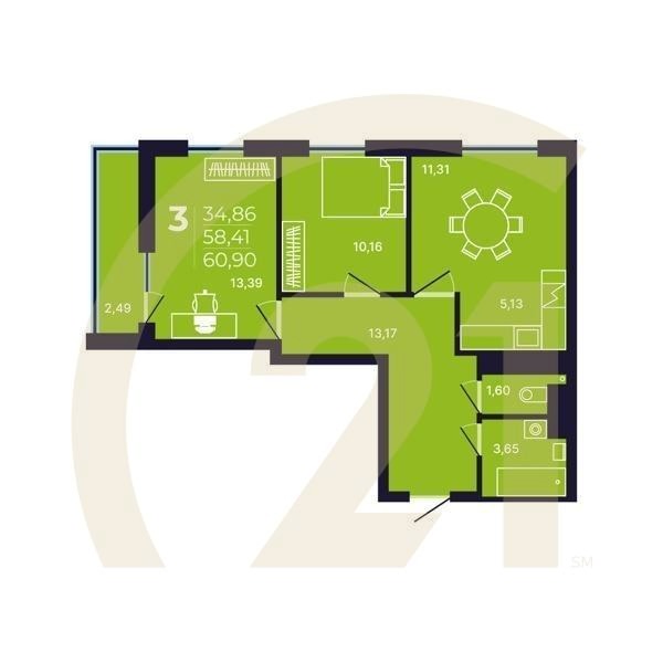 3-комн, 60.9 м², 15-23 этаж
