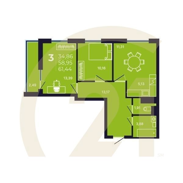 3-комн, 61.44 м², 3-13 этаж