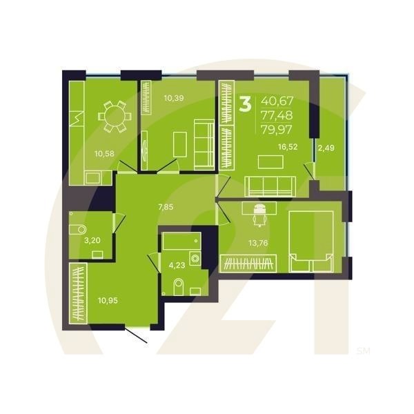 3-комн, 79.97 м², 15-25 этаж