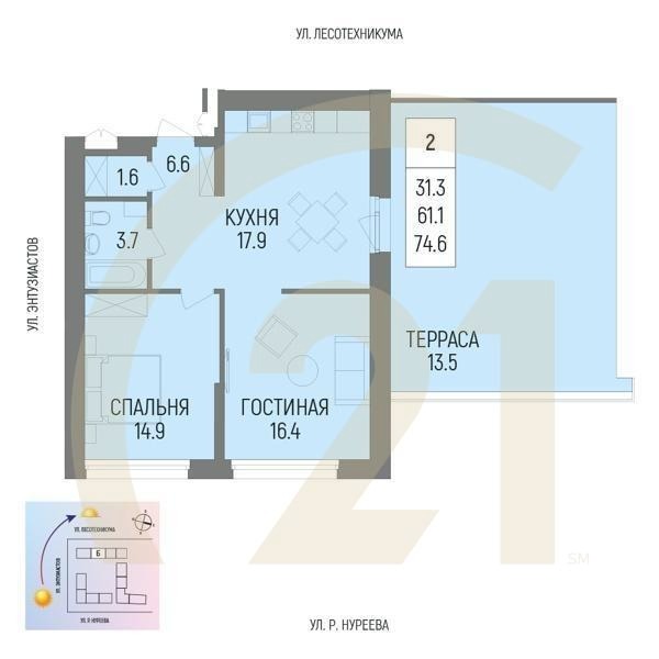 2-комн, 74.6 м², 11 этаж