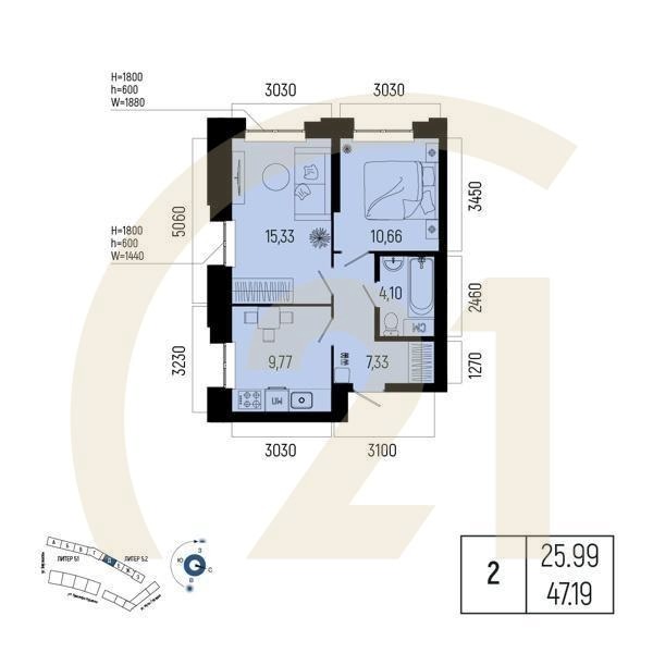2-комн, 47.19 м², 2 этаж