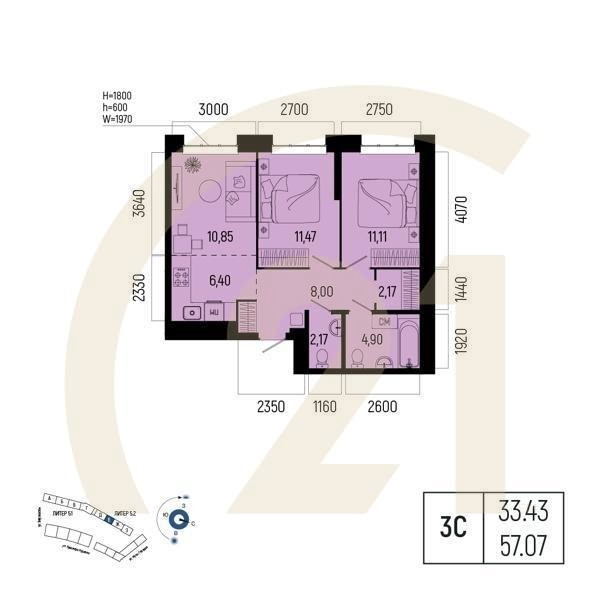 Студия, 57.07 м², 2 этаж