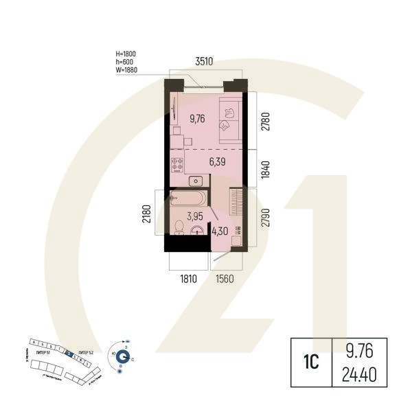 Студия, 24.4 м², 2 этаж