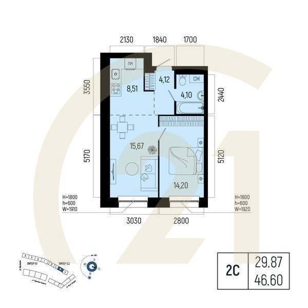 Студия, 46.6 м², 2-9 этаж