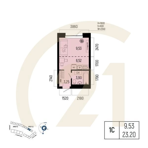 Студия, 23.2 м², 8 этаж