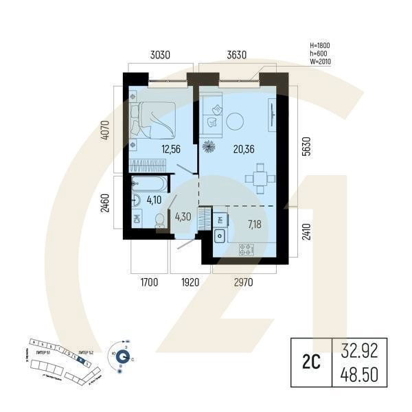Студия, 48.5 м², 10 этаж