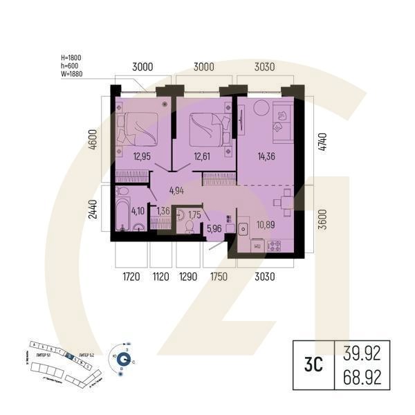 Студия, 68.92 м², 2 этаж