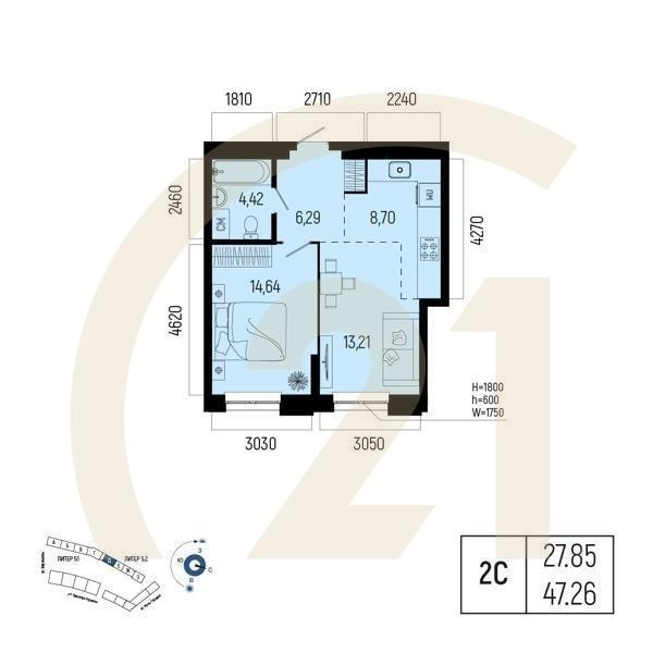 Студия, 47.26 м², 2-4 этаж
