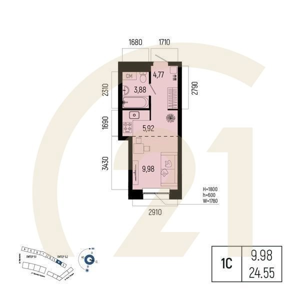 Студия, 24.55 м², 2-8 этаж