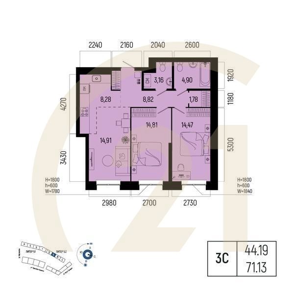 Студия, 71.13 м², 2-4 этаж