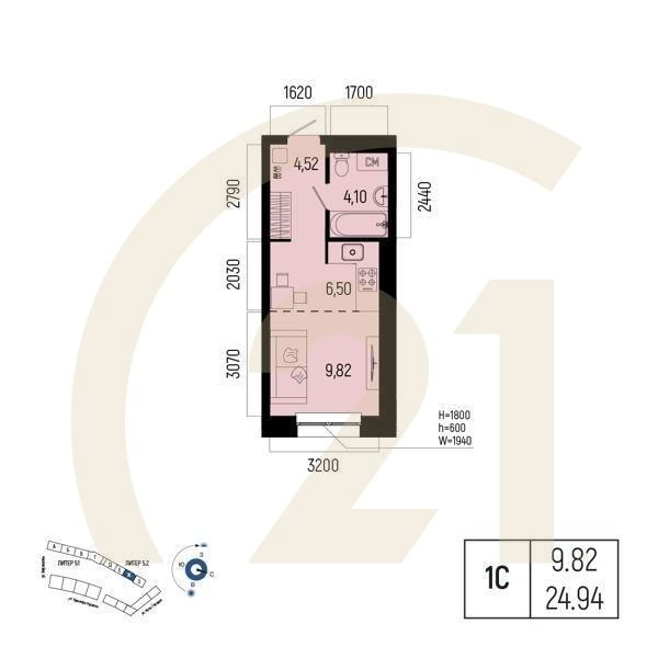 Студия, 24.94 м², 2-9 этаж