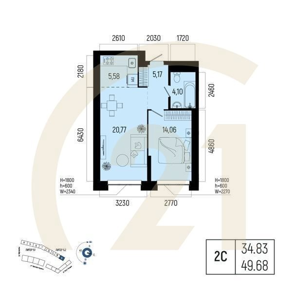 Студия, 49.68 м², 10-23 этаж