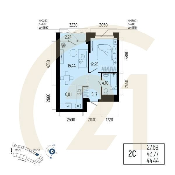 Студия, 44.44 м², 10 этаж