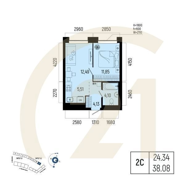 Студия, 38.08 м², 18-23 этаж